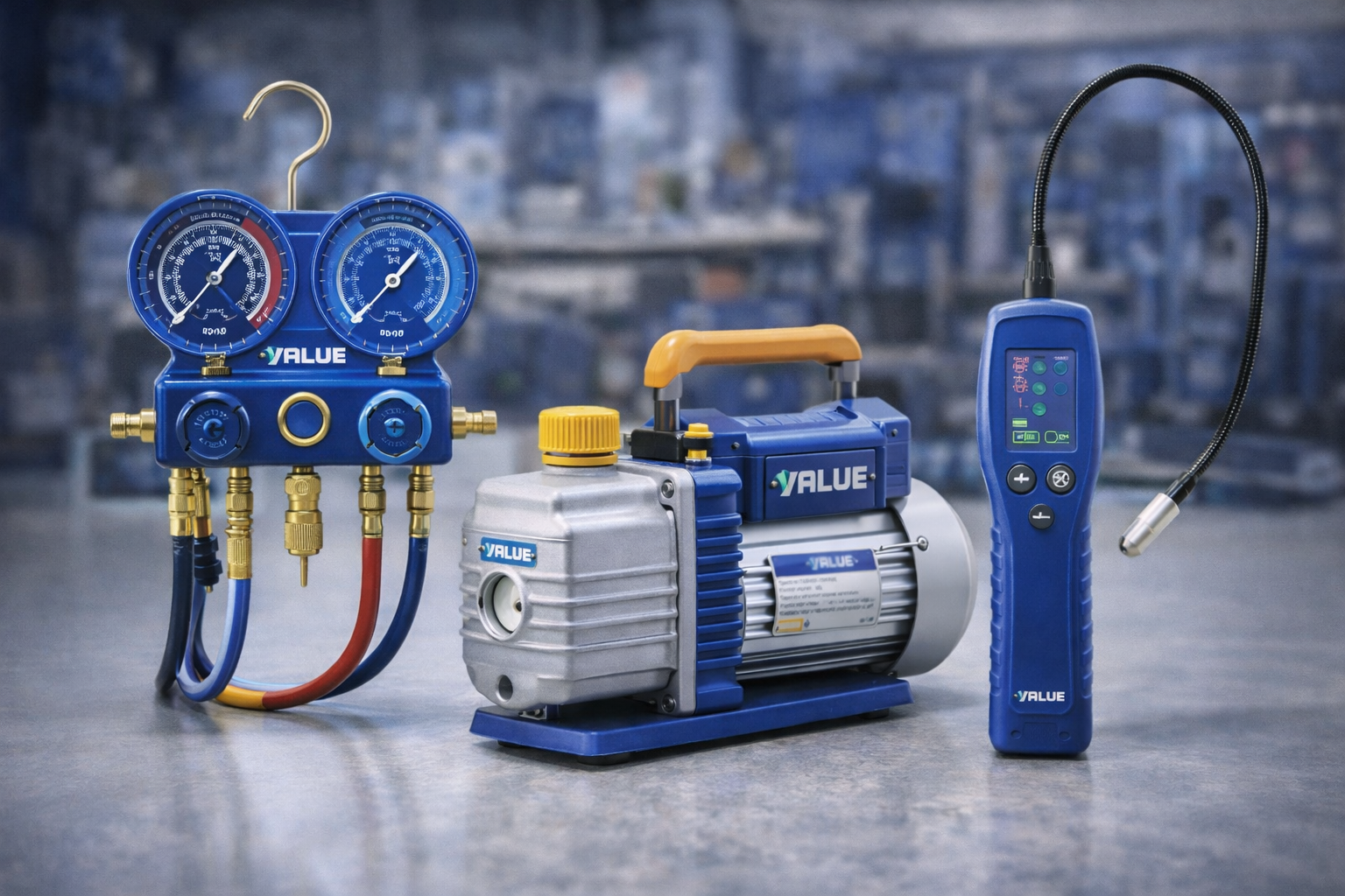 Инструменты VALUE для монтажа: manifold, вакуумник, детектор утечек